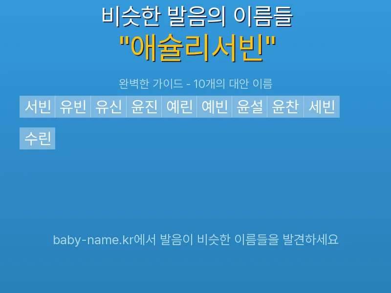애슐리서빈 비슷한 발음 이름 추천 인포그래픽: 유사도 기반 아기 이름 추천 및 작명 참고용 이름 목록