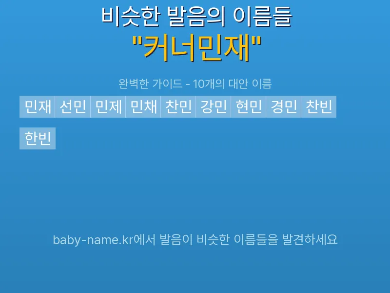 커너민재 비슷한 발음 이름 추천 인포그래픽: 유사도 기반 아기 이름 추천 및 작명 참고용 이름 목록